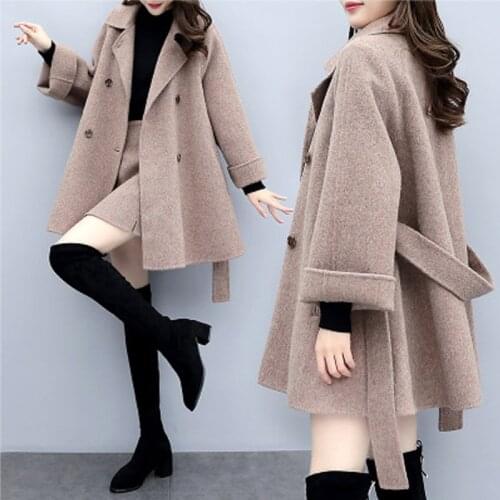 HStar New womens autumn winter two-piece skirt woolen coat skirt casual fashion suit womens skirt wool suit belt