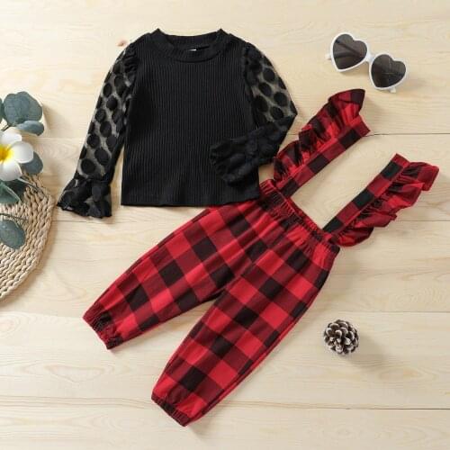 6M-4Y Kids Baby Girls Autumn Clothes Set Solid Mesh Long Sleeve Rib Knit Pullover + Plaid Suspender Pants 2Pcs Casual Outfits