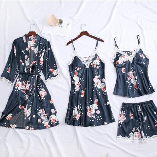 JULYS SONG 4 Pieces Pajamas Sets Women Printed Sleepwear Faux Silk Female Pyjama Stain Homewear Sexy Lace Nightwear Sling Robe