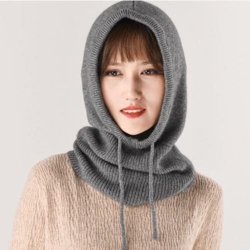 Unisex Wool Knit Hooded Collar Adjustable Elastic Hats Winter Warm Thick Soft Beanies Solid Color Cashmere Scarf Drawstring Caps