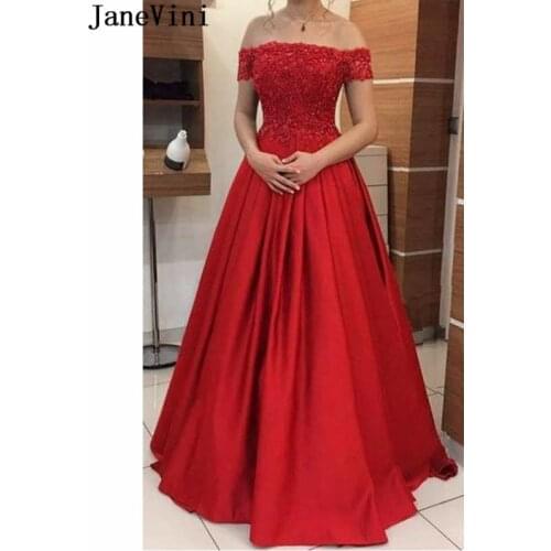 JaneVini Robe Chic Red Satin Long Evening Prom Dress 2021 Beaded Lace Applique Floor Length Off Shoulder Woman Formal Party Gown