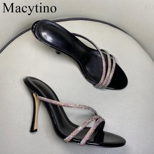 Ins Fashion Outside Slipper Celebrity High Heel Slippers Summer High Heel Shoes Crystal Strap Open Mules Flip Flops Shoes Women