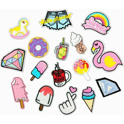 Iron on Patches for Clothing Stripe Ice Cream Diamond Animal Badges Stickers for Kids Clothing DIY Appliques Embroidered Patches