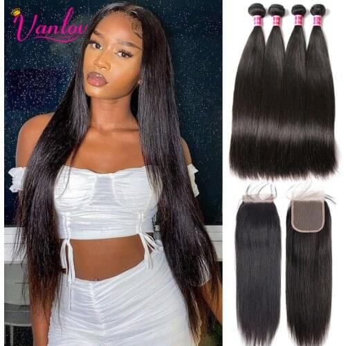 Vanlov Straight Human Hair Bundles With Closure Indian Hair Weave Bundles With Closure Pre Plucked 4x4 100% Remy Hair Extension