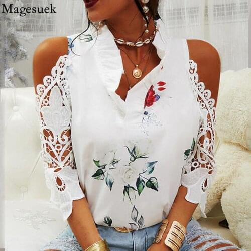 Summer Embroidery Lace Womens Shirt Korean Fashion Loose Blouse New Arrival 3/4 Sleeve Sweet Cute Slash Neck White Top 15573