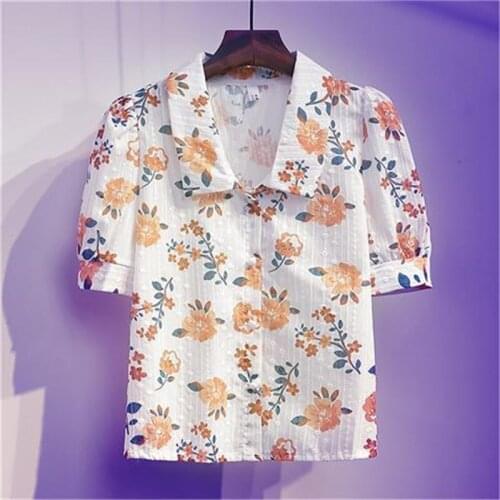 Women Chiffon Shirts Women Temperament All-Match Lapel Blouses Stylish Hollow Out Elegant Puff Sleeve Loose Tops Blusas MM0910