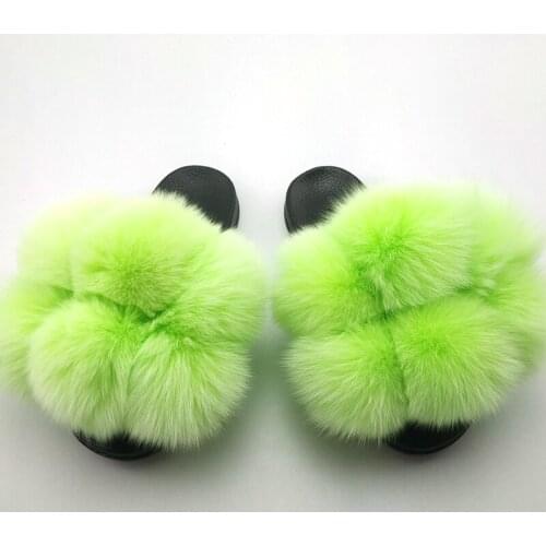 QIUCHEH Womens Fur Fox Slippers Fur Slippers Women Furry Slides Summer Fluffy Slippers House Shoes Woman Real Fur Slides