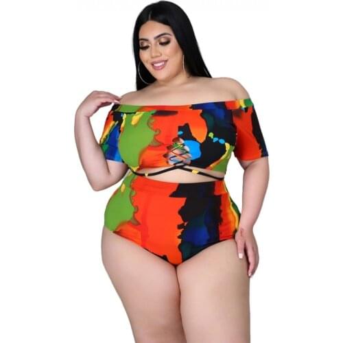 2 Piece Swimsuit Women Sexy Lace Up Slash Neck Crop Tops And Panties Bikini Set 2021 Tie Dye Hollow Beach Swimwear 5XL Plus Size