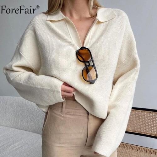 Forefair 2021 V Neck Long Sleeve Sweater Top White Solid Casual Fashion Autumn Winter Women Basic Loose Knitted Pullover