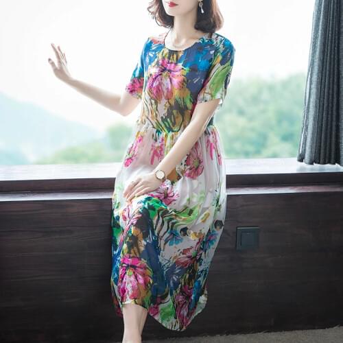 Women Print A-Line Dress Plus Size Loose Imitate Real Silk Dresses New Pattern Short Sleeves Dress Lady Casual Costume