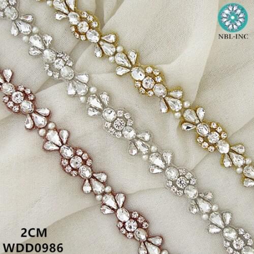 10 YARDS) Wholesale silver bridal beaded crystal rhinestone applique trim gold iron on for wedding dress belt WDD0986