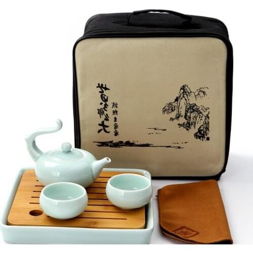 2019 Celadon quick drink Kung Fu tea set travel outdoor portable tea set package bag with bamboo tea tray