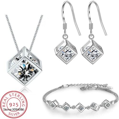 925 Sterling Silver 2021 Simple Geometric Square Love Wedding Jewelry Sets High Quality For Women Bride Gift NE+EA+BR