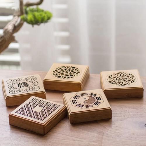 Retro Bamboo Incense Box Hollow Carved Desktop Ornament Censer Ash Catcher Incense Holder Incense Burners Home Decor