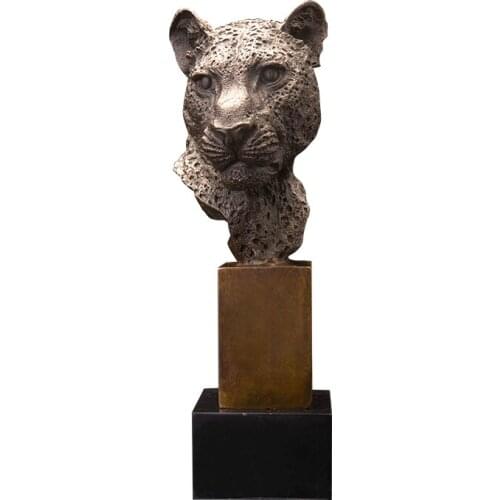 DW-002 Morden Animal Bronze Art Decor Bronze Leopard Head On Marble Base Statue Sculpture Leopard Figurines For Table Decoration
