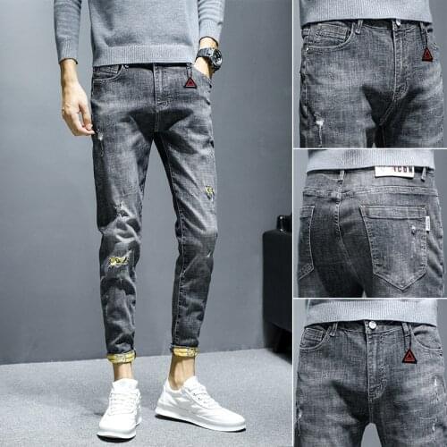 Denim Jeans mens trendy brand spring and autumn new feet Korean casual summer thin ripped ankle length teenager pencil pants
