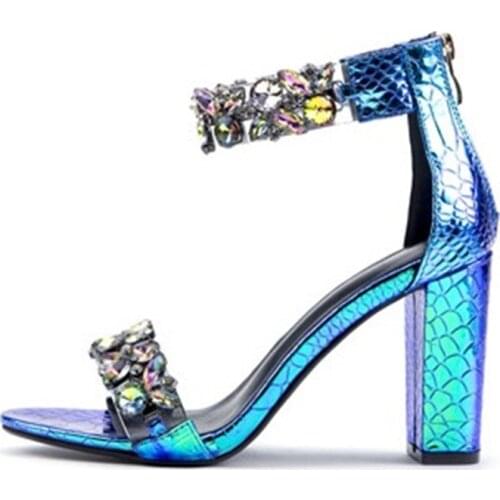 Elegant High Heel Sandals Chunky High Heels with Crystals Women Evening Dress Heels Ladies Shoes Stilettos 2020