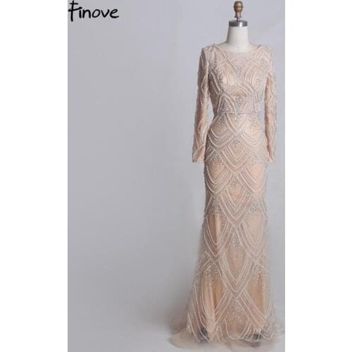 Finove Elegant Evening Dresses Long 2020 New Arrivals O-neck Long Sleeves With Fully Beaded Crystals Floor Length Mermaid Dress