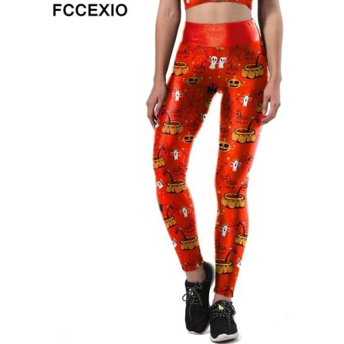 FCCEXIO Pumpkin Spider Webs 3D Print Leggings Fashion Red Leggings Halloween Party Leggins Cosplay Legging Woman Fitness Pant