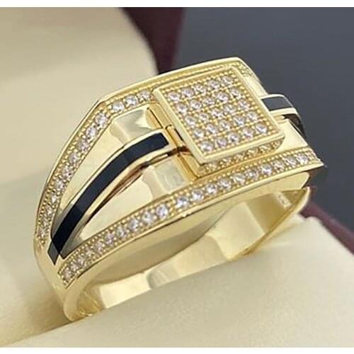 FDLK New Fashion Punk Gold Color Stitching Black Stripes Inlaid Zircon Ring Men Party Engagement Wedding Jewelry Gift