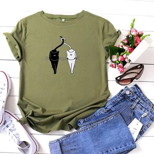 Black White Cats T Shirt Women Cute Funny Cartoons Graphics Femme T-shirts Cotton Tops Tshirt Women Kawaii Clothes Women Tshirt