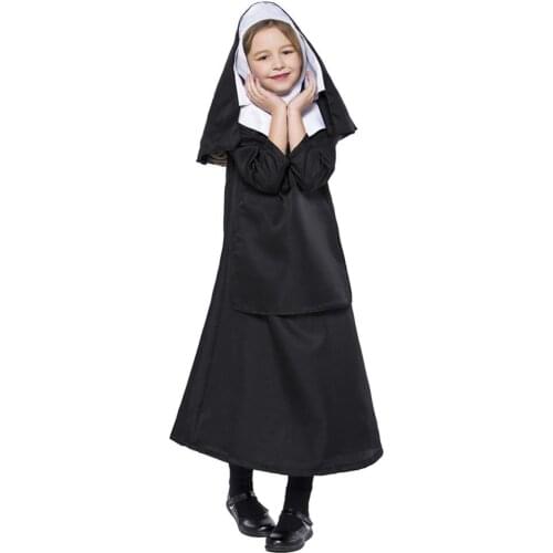 Girls Nun Costume Kids Virgin Maria Missionary Black Religious Cosplay Costume Dress Headpiece Outfit Stage Performance Clothes