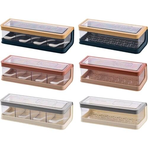 4 Compartments Kitchen Seasoning Box With Spoon Square Chopsticks Box With Lid Spoons Tableware Storage Container Spices Case