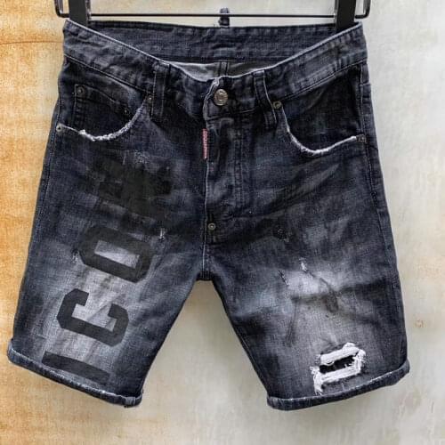 Summer New Style Dsquared2 Denim Shorts Fashion Slim Black Print Paint Broken Ink Old Slim Shorts Men