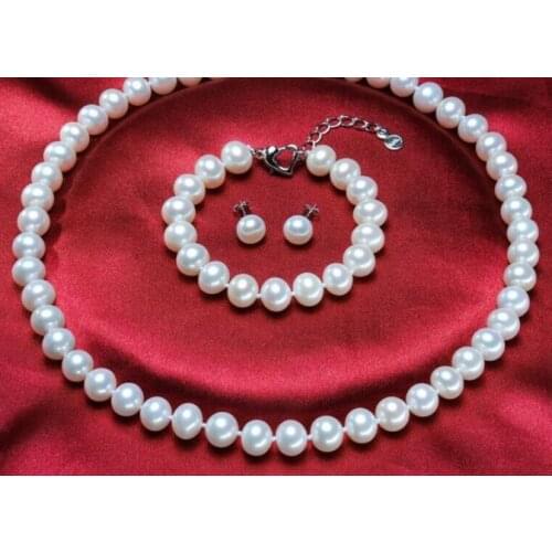 Sets of 10-11mm south sea round white pearl necklac&earring bracelet 925s
