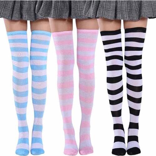 New 1pc Women Girls Over Knee Long Stripe Printed Thigh High Cotton Socks Sweet Cute Plus Size Overknee Socks