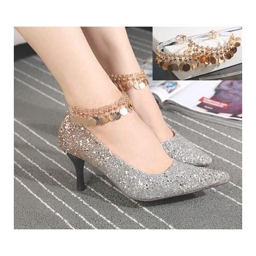 New Arrival Fashion Golden Plated Metal Discs Silicone Shoe Belt Ankle Chains For High Heel