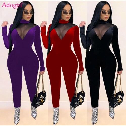 Adogirl Autumn Women Sheer Mesh Patchwork Velvet Jumpsuit Mock Neck Long Sleeve Bodycon Romper Fashion Night Club Sexy One Piece