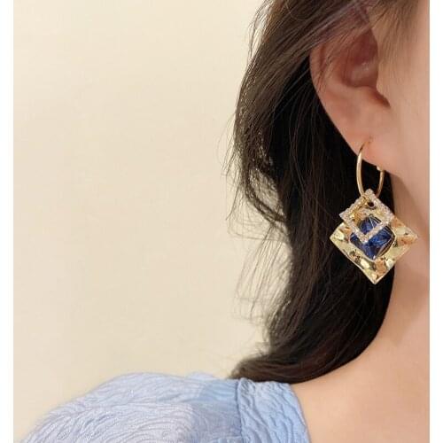PERMIH Korean Geometry Metal Gold Earrings For Women Shiny Blue Big Rhinestone Drop Earrings 2021 Female Fashion Jewelry
