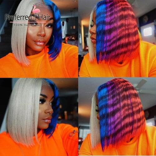 Preferred Pre Plucked Rainbow Bob Wig Short Ombre Human Hair Wigs Brazilian Remy Colored Lace Front Human Hair Wigs for Women