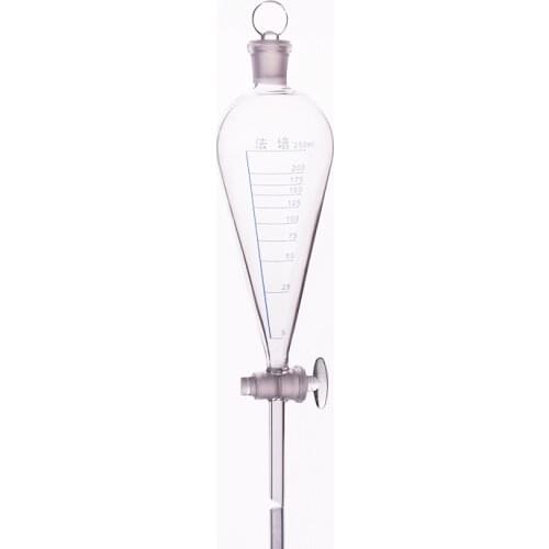 Separatory funnel pear shape,with ground-in glass stopper and stopcock.Capacity 250ml,With graduation,glass switch valve
