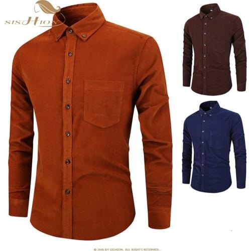 SISHION Spirng Mens Shirts Fashion Cotton Solid Color Plus Cashmere Warm Thick Casual Long-sleeved Slim Corduroy Shirts QY0664
