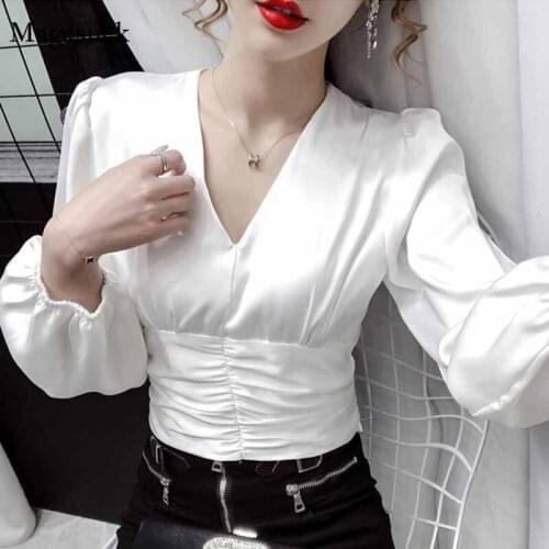 V-neck Korean Style Thin Puff Sleeve Blouse Women Solid White Waist Folds Slim Elegant Pullover Blusas Mujer De Moda 2020 11888