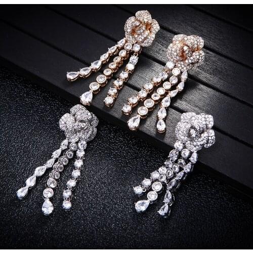 Fashion Cubic Zirconia Rose Flower Shape Big Long Earring For Women Jewelry Wedding Brincos boucle d'oreille E6889