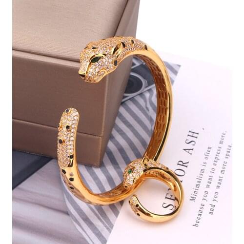 Black spots Leopard Head bangle with Ring AAA+ Cubic Zirconia Stone Panther bracelet for Women designer copper Party jewelry set