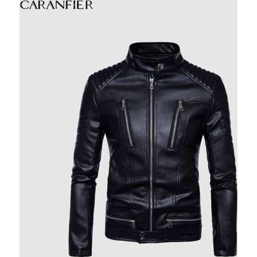 CARANFIER Autumn PU Leather Jacket Male Fashion More Zipper Slim Leather Clothing Men Casual Motorcycle Leather Jacket M-5XL