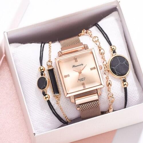 Womens Watches Square Dial Rhinestone Watch Bracelet Set Luxury Woman Wristwatch Mesh Magnet Ladies Clock Simple zegarek damski