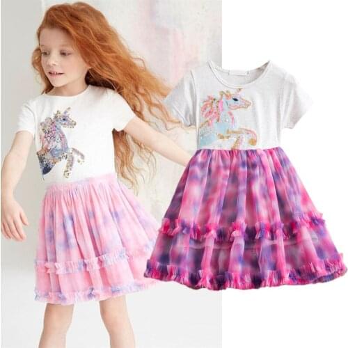Summer Girls Dresses For Kids Unicorn Print Short Sleeve Party Costume Rainbow Birthday Tutu Vestidos Children Clothes 3-8 Years