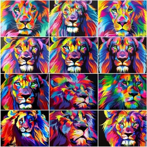 AZQSD Painting By Number Abstract Lion Drawing On Canvas Coloring By Number Colorful Animal Handpainted Modern Wall Art