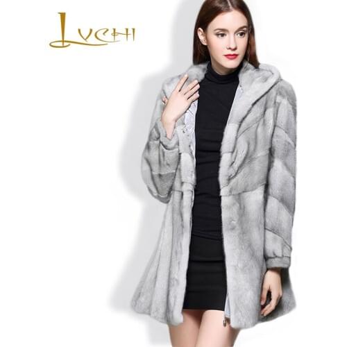 LVCHI Genuine Fur Womens Jacket Real Fur Coats Women Sapphire Grey Fur Leather Hat V-Neck Denmark Mink Swan Velvet Mink Coat