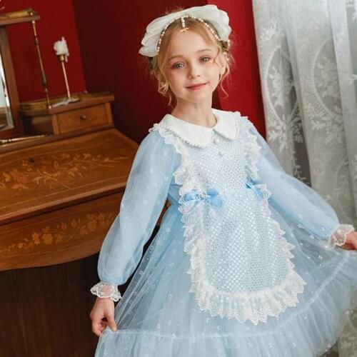 Lovely Princess Party Dress For Girls Fashion Lace Mesh Knee Length Gowns Children Long Sleeve Turn Down Collar Autumn Dresses