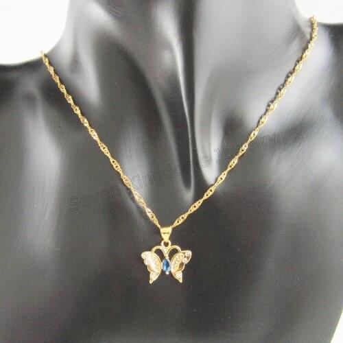 Min Order 10$/- YELLOW GOLD OVERLAY GP BRASS 18" NECKLACE & BUTTERFLY BLUE CZ STONE PENDANT IT HANGS 17MM 0.67inch