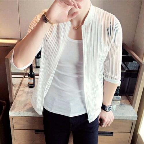 Summer New Thin Short-sleeved Male Sunscreen Clothing Jacket Korean Hollow Out Nightclubs Men Slim Trend 5 Points Sleeves Coats