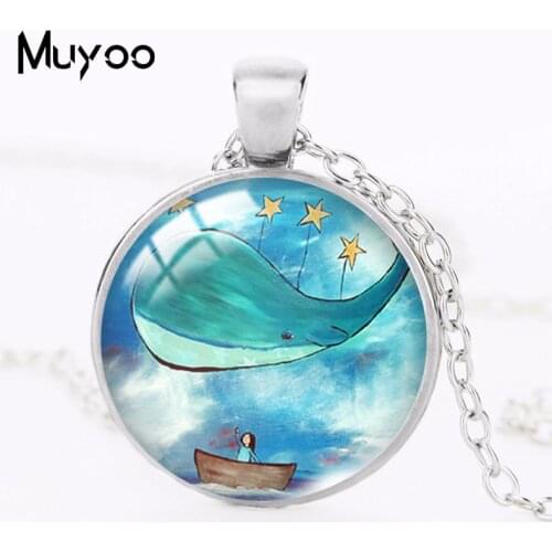2021 New Blue Whale Pendant Necklace Cartoon Anime Painting Round Photo Necklaces Glass Dome Jewelry Gifts