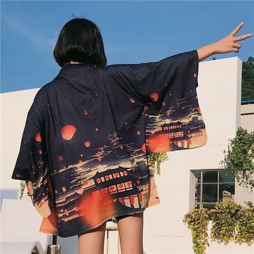 Fashion Spring Summer 3/4 Sleeves Coat Japanese Kimono Cardigan Kimono Female Haori For Woman Man Loose Thin Outer Garment
