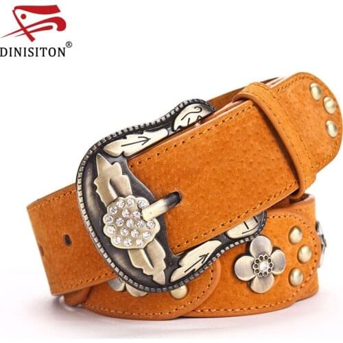 DINISITON Womens Belt Metallic Flowers Designer Fashion Vintage Floral Female Jeans Belts Wide Strap For Woman CM001